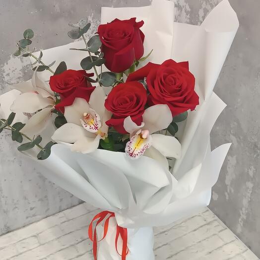 Bouquet "Scarlet rose and orchid"