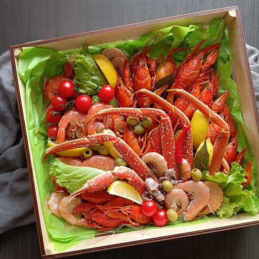 A crate of crayfish and seafood