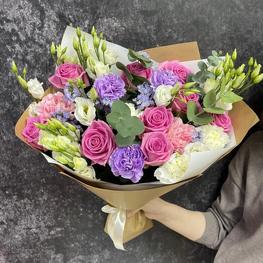 Author's bouquet with roses and dianthus
