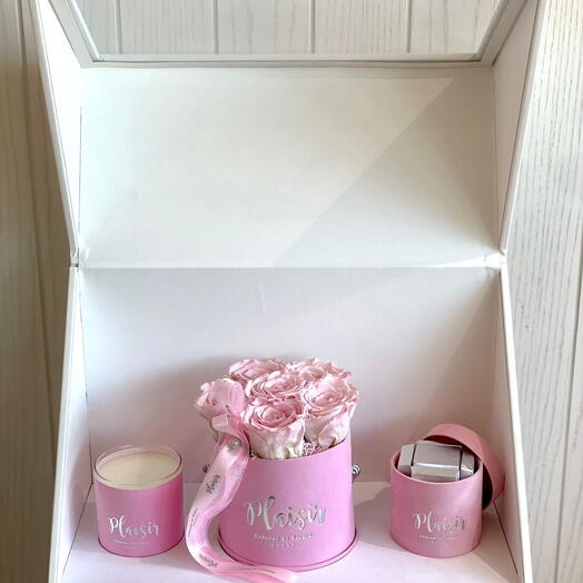 Trio Pink Preserved Rose Candle and Chocolate Gift Set
