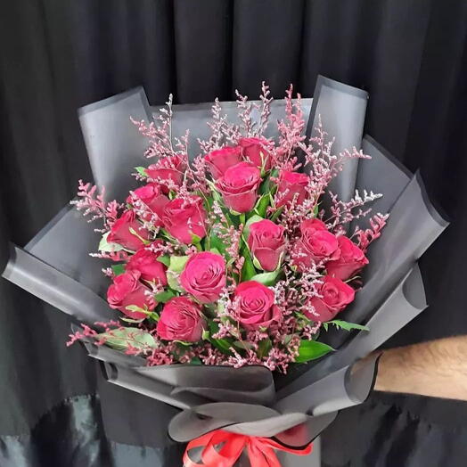 Red Rose and Limonium Bouquet - 20 Roses