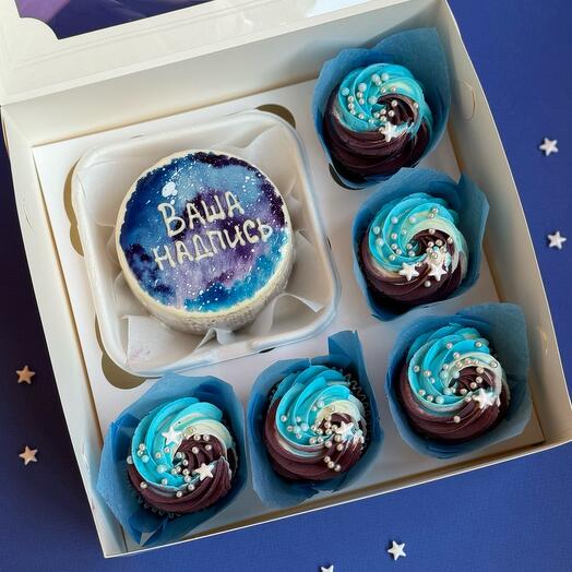 Bento cake with your inscription and cupcakes "Cosmos"