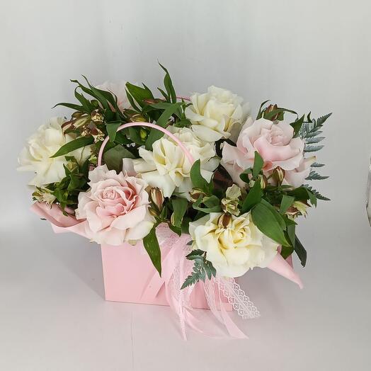 French roses with alstroemeria in a pink handbag