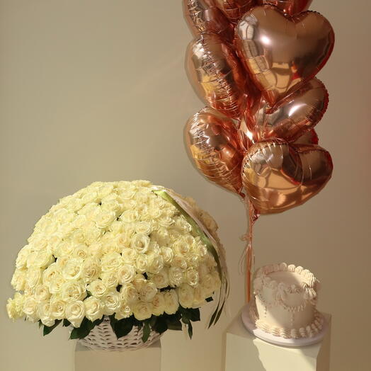 Set of - 200 white premium roses basket, cake with chocolate crunchy filling and 10 heart shaped balloons