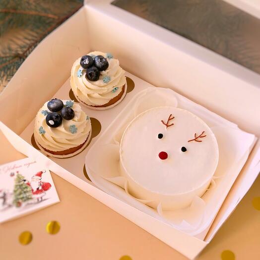 Новогодний сладкий подарок бенто-торт и капкейки, набор