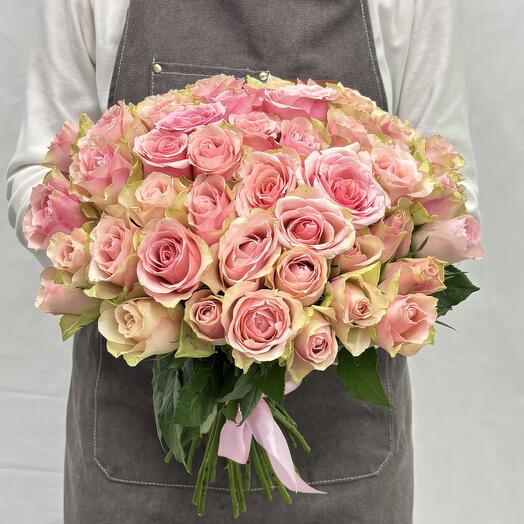 Bouquet of 51 green-pink Kenyan roses with ribbon, height 40 cm