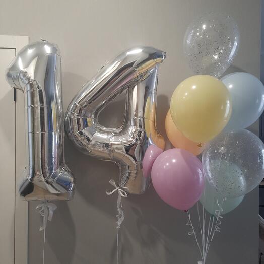 Воздушные шары на 14 лет для девочки (2 цифры+фонтан из 7 шаров)