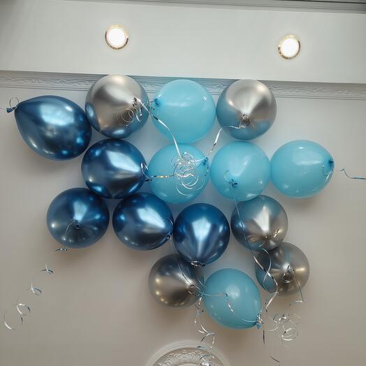 Гелиевые шары под потолок 15 шт. хром и голубой