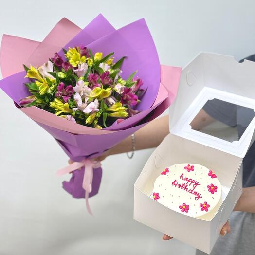 Цветочное комбо 🌸 Бенто торт и букет Альстромерий на день рождения