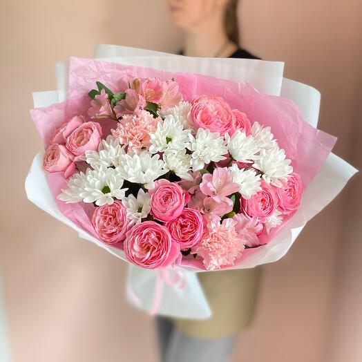 Розовый букет пион.роз,альстромерии,ромашки-хризантемы🎀🌸