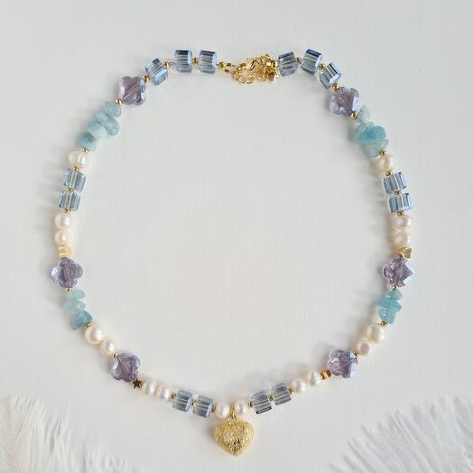 Колье натуральным жемчугом с  аквамарином, 40-45см