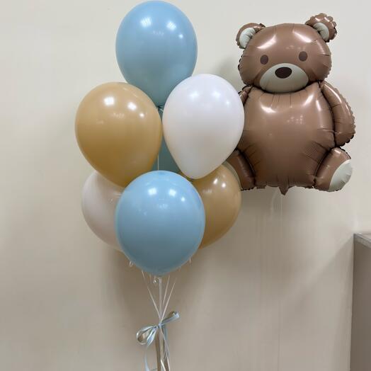 Набор для мальчика 🧸 5 шариков пыльно-голубой и кремовый + мишка Барни — универсальный на годик и выписку