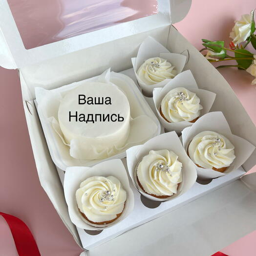 Набор Бенто торт с вашей надписью и 5 капкейков