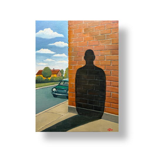 Картина маслом с сюрреалистичной городской сценой "Тень"