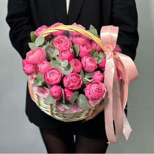 Корзина с пионовидными розами Сильва пинк Flower Lab