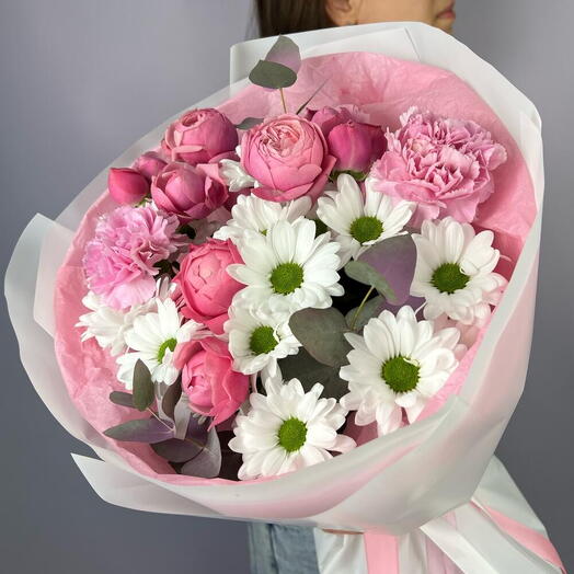 ️Сладкое зефирное облако букет из пионовидной кустовой розы и ромашек