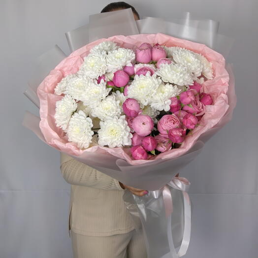 🌸Красивый букет "PERVOЦВЕТ" из кустовых хризантем и кустовых пионовидных роз