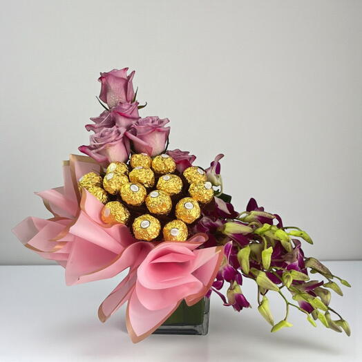 "Royal Indulgence Vase | Purple Roses, Orchids   Ferrero Rocher – Luxurious Floral   Chocolate Gift"