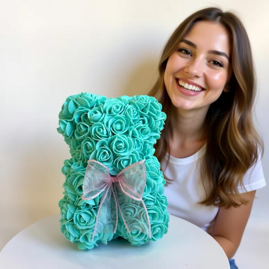 Мишка из роз фоамирана Тифани из роз с бантом Rose Bear, подарок девушке
