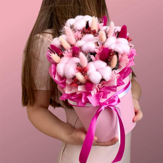 Flores secas Rosadas en una bolsa, ramo eterno con algodón 12