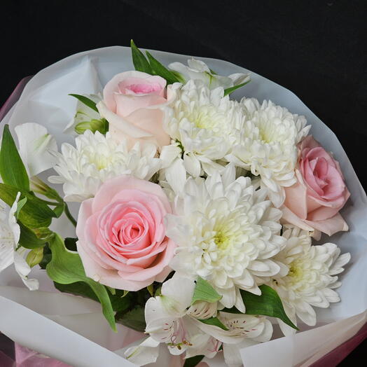 Букет 🌸 комплимент, милый букетик, нежная розовая роза, хризантема, альстромерия, дофаминовый букет