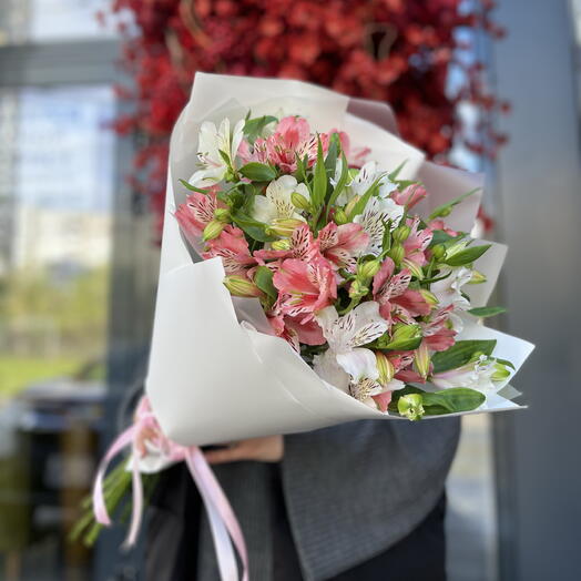 Бело-розовая альстромерия в белой упаковке 💕