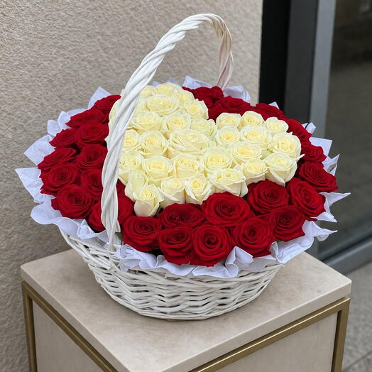 Корзина в форме сердца из красных и белых роз ️