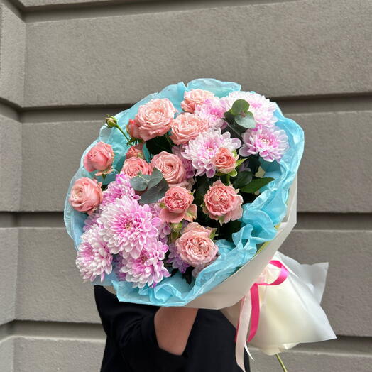 Букет «розовый бриз» 🌊🩷 хризантема и кустовая роза 🌺