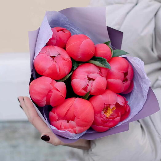Букет из 9 коралловых пионов Coral Sunset Premium в сиреневой пленке