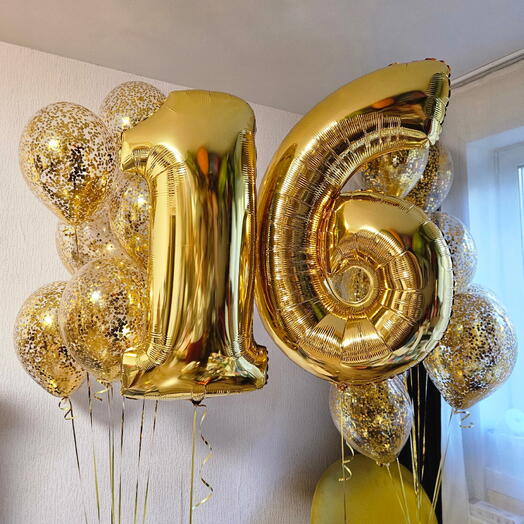 Фонтаны из золотых шаров на 16лет дочке,сыну,девочке,парню-18шаров