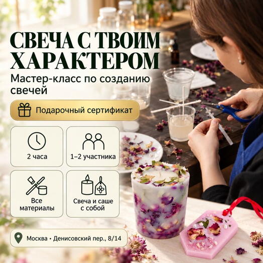 Подарочный сертификат «Мастер-класс по созданию свечей» (2 часа, 1 человек)