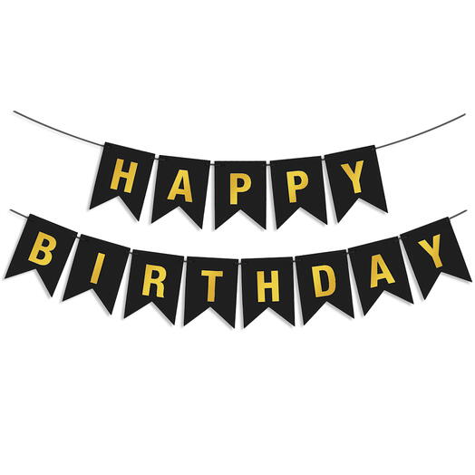 Гирлянда Флажки, Happy Birthday, Черный/Золото, Металлик, 500 см