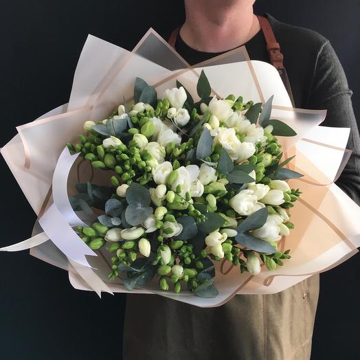 White freesia and eucalyptus
