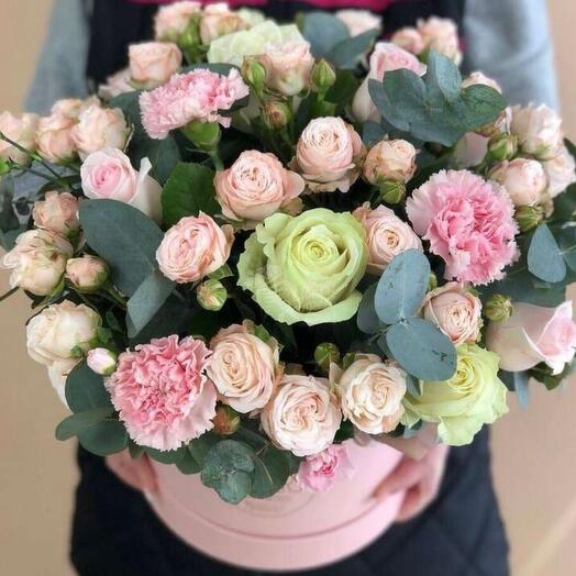 Delicate box with bushy peony-shaped roses , dianthus and white roses