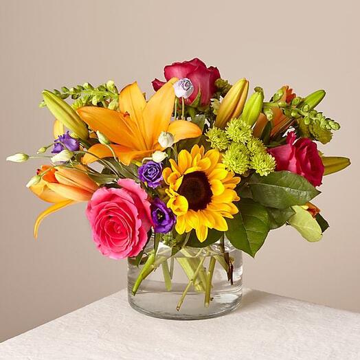 Sunny Mixed Flowers Glass Vase