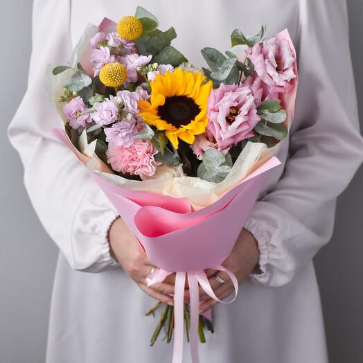 Авторский букет «Солнечный» с подсолнухом | Букет 211 Bottega dei Fiori