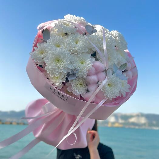 Букет нежных хризантем с хлопком 🌸
