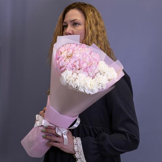 Bouquet of white Hydrangea and pink Dianthus