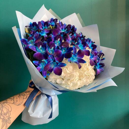 Bouquet with white hydrangea, blue orchids, dendrobium