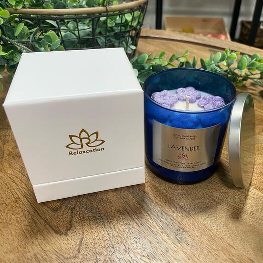 Luxury Soy Wax Candle in Glass Jar "Lavender" Scented Calming + Relaxing in Giftable Box