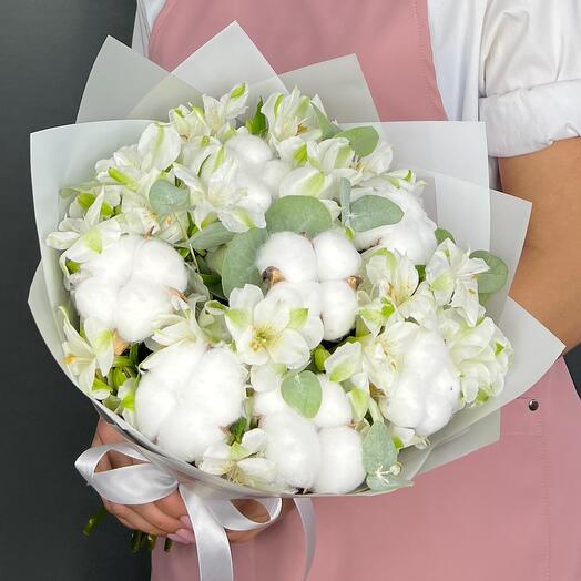 Bouquet of flowers. White Alstroemeria and Cotton