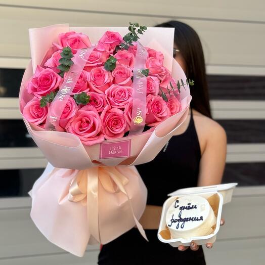 Фирменные розовые розы + бенто торт