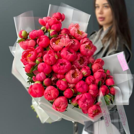 Букет коралловых пионов 51 шт