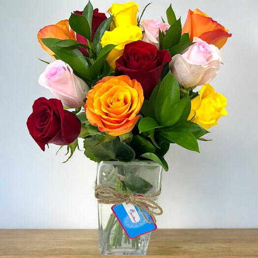 Vase Of 12 Vivid Roses