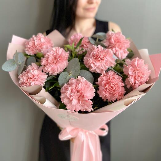 Pink-peach dianthus and eucalyptus