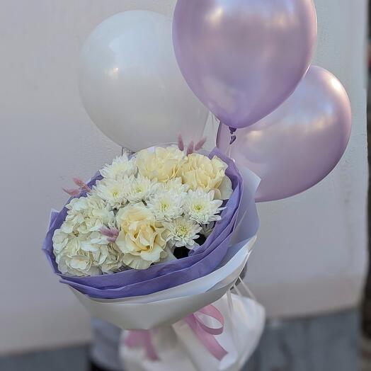Сет: букет с гортензией "Сиреневый коктейль" S + 5 шаров
