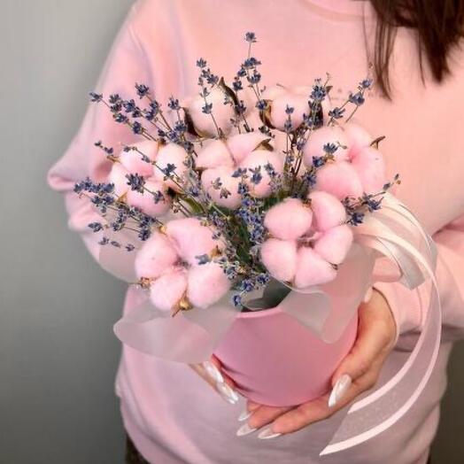 Pink cotton and lavender in a box