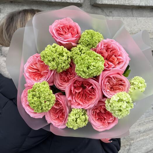 Bright author's summer duobucket made of pink expression peony roses and fluffy viburnum