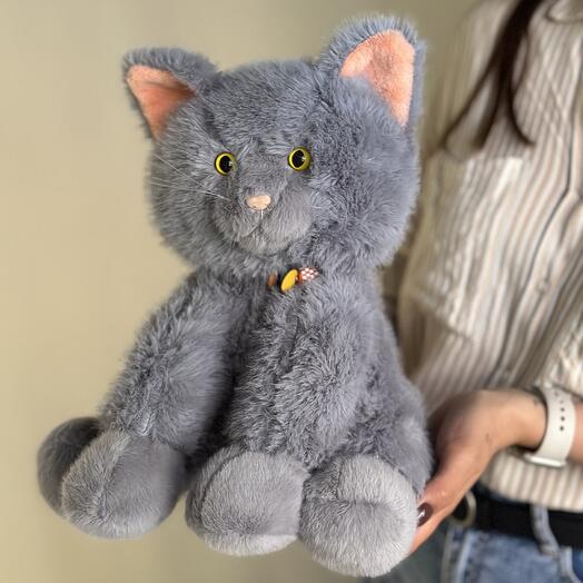 Мягкая игрушка Котик Обормотик с ошейником серый