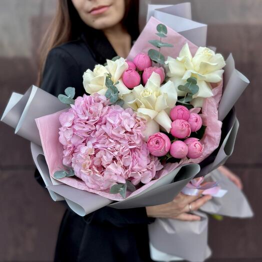 Букет| французские розы| гортензия| silva pink